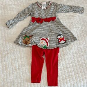 Kids Holiday Penguin & Reindeer Applique Dress Set - Red/Gray